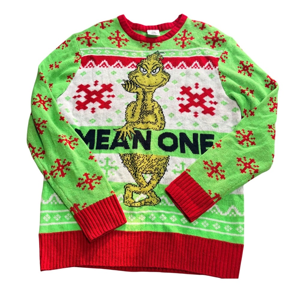 Dr. Seuss The Grinch Mean One Ugly Christmas Sweater Mens Large Green Red Knit